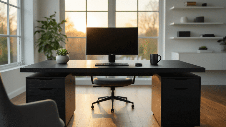 Cinematic shot of a sleek black desk in a modern home office, featuring warm golden hour light, 27-inch monitor, wireless keyboard and mouse, succulent plant, and ceramic coffee mug, all set against polished hardwood floors and minimalist decor.