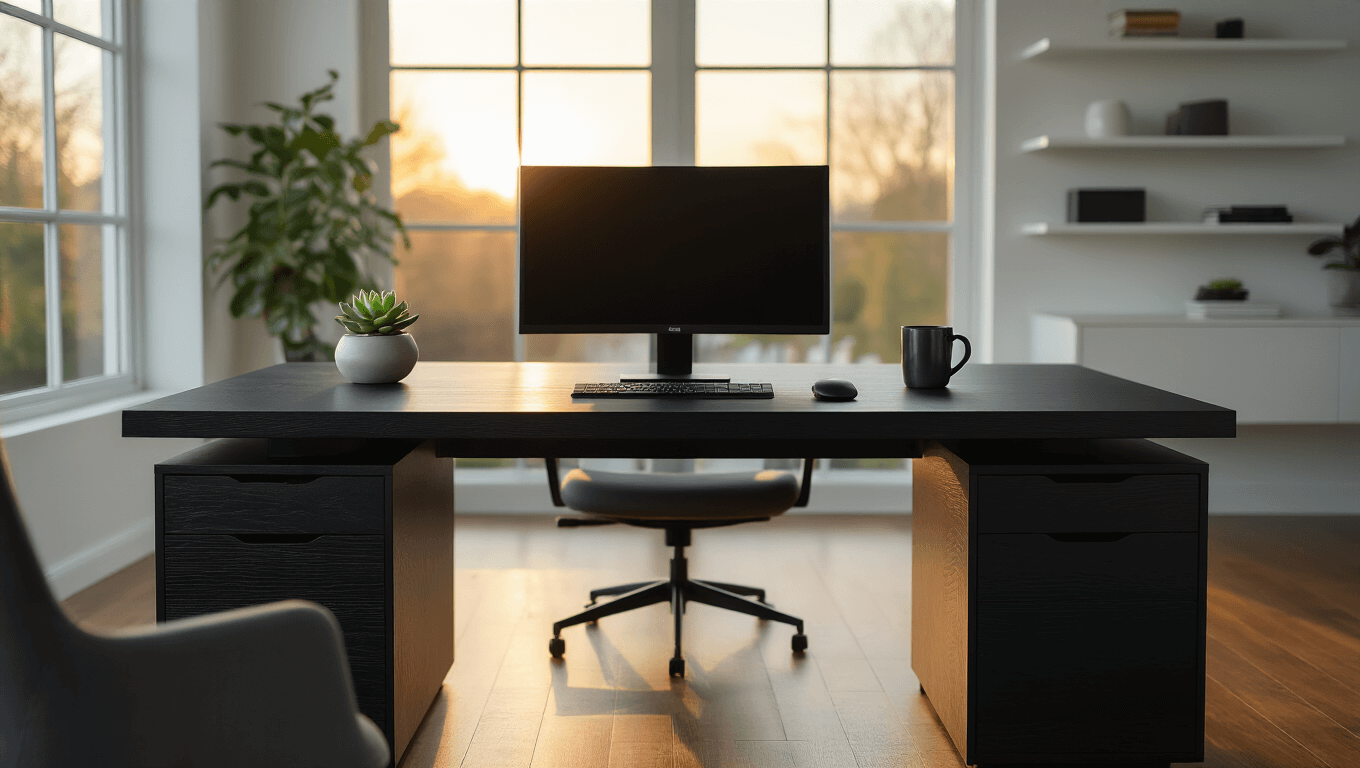 Cinematic shot of a sleek black desk in a modern home office, featuring warm golden hour light, 27-inch monitor, wireless keyboard and mouse, succulent plant, and ceramic coffee mug, all set against polished hardwood floors and minimalist decor.