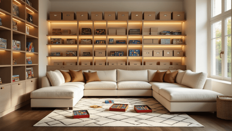 Photorealistic image of a modern game room with vertical chipboard game boxes on white oak floating shelves, warm sunlight, dark hardwood floors, cream sectional sofa, geometric rugs, organized game components, and elegant brass accents.