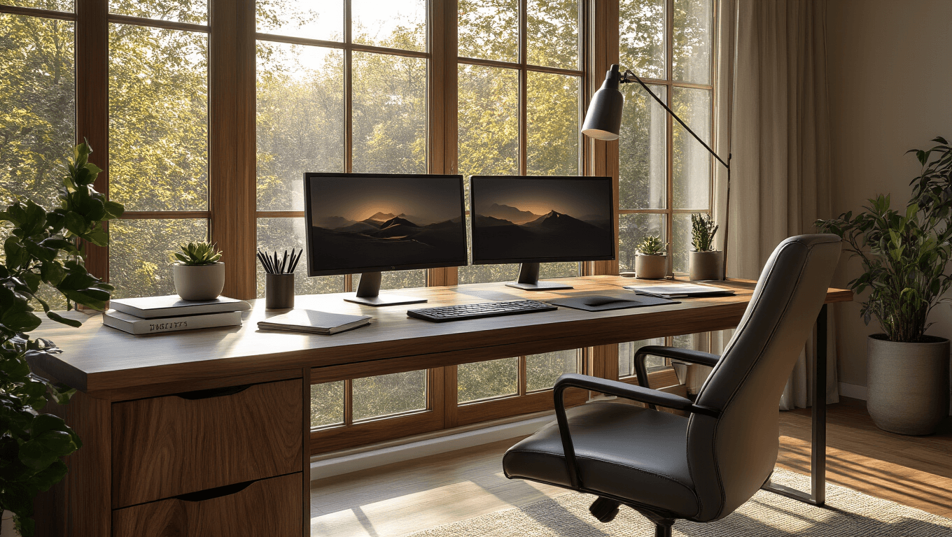 A modern minimalist desk workspace bathed in warm natural light, featuring a sleek walnut desk with matte black metal accents, dual glowing monitors, an ergonomic charcoal gray chair, scattered notebooks, and a small potted succulent, all creating a cozy and productive atmosphere.