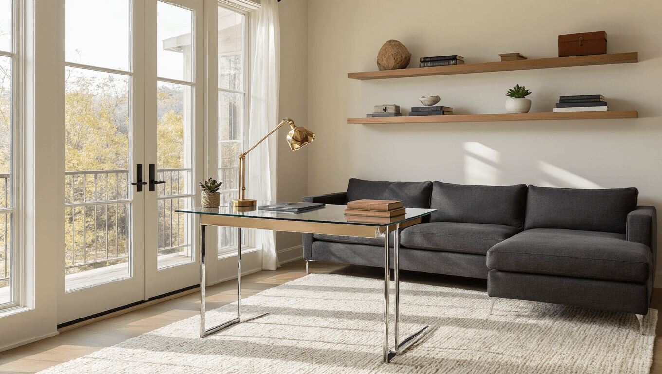 Modern living room workspace with a sleek glass-top desk and chrome legs, warm natural light, plush charcoal sofa, brass desk accessories, potted succulent, and soft textures, creating a sophisticated and inviting atmosphere.