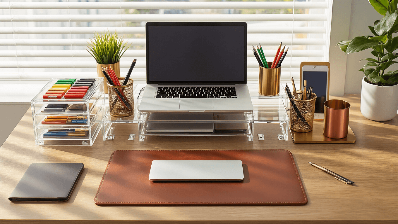 Cinematic overhead shot of a modern home office desk featuring acrylic organizers, a leather desk pad, brass pencil cups, a charging station, and natural light, creating a clean and inviting workspace.