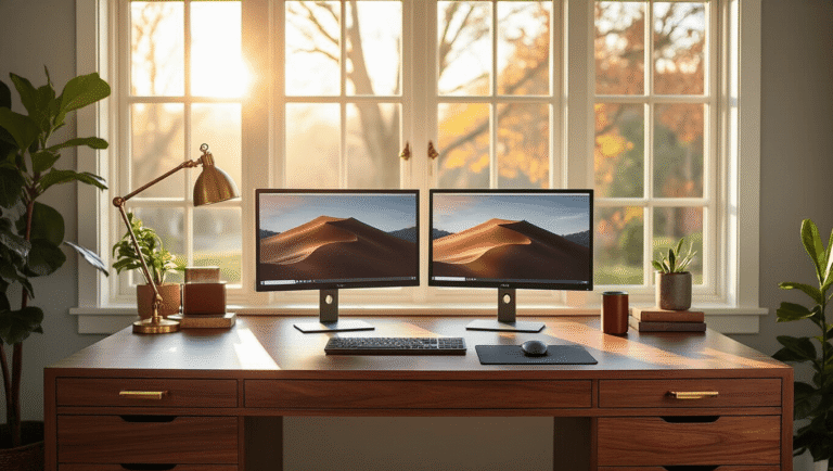 A modern home office setup with a walnut desk, dual monitors, and an ergonomic keyboard tray, bathed in warm afternoon sunlight, featuring organized workspace details and minimalist accessories.