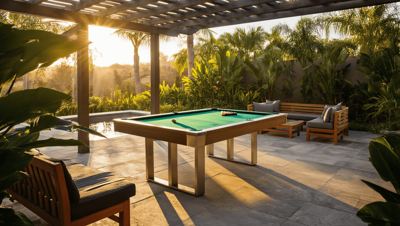Elegant outdoor pool table with emerald marine-grade cloth on slate surface, surrounded by teak furniture and tropical plants, illuminated by warm golden hour light.