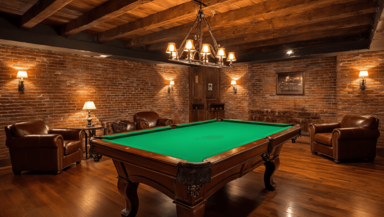 Cinematic image of an elegant basement game room featuring a mahogany pool table under a rustic chandelier, surrounded by textured brick walls and amber lighting.