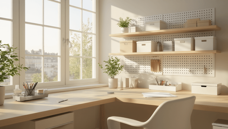 Ultra-realistic Scandinavian workspace featuring a pale oak desk with organized zones, warm natural lighting, minimalistic decor, and ergonomic chair, emphasizing a serene productivity environment.