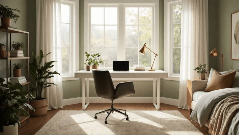Serene bedroom workspace with a sleek white oak desk by a bay window, soft natural light, plush cream rug, walnut accents, ergonomic black chair, potted plants, and a brass lamp, capturing a peaceful work-sleep balance during golden hour.