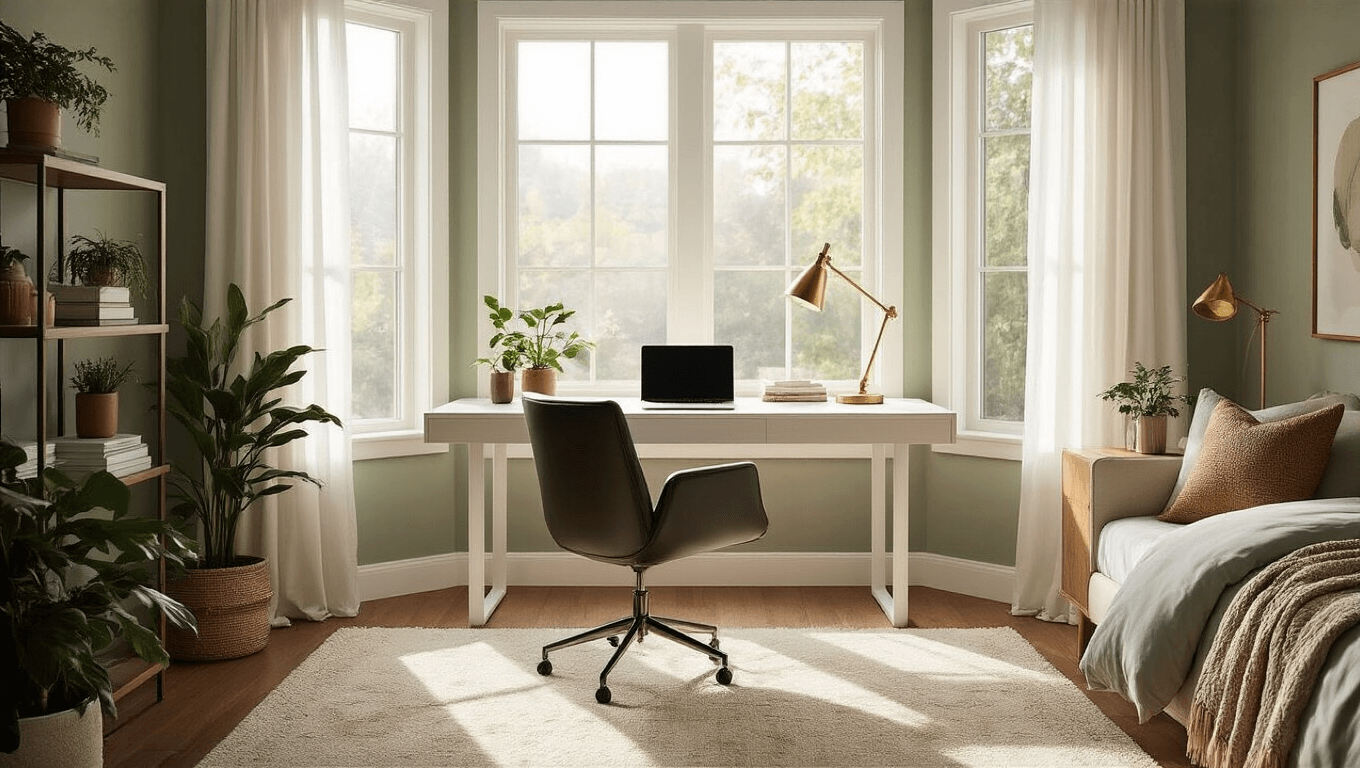 Serene bedroom workspace with a sleek white oak desk by a bay window, soft natural light, plush cream rug, walnut accents, ergonomic black chair, potted plants, and a brass lamp, capturing a peaceful work-sleep balance during golden hour.