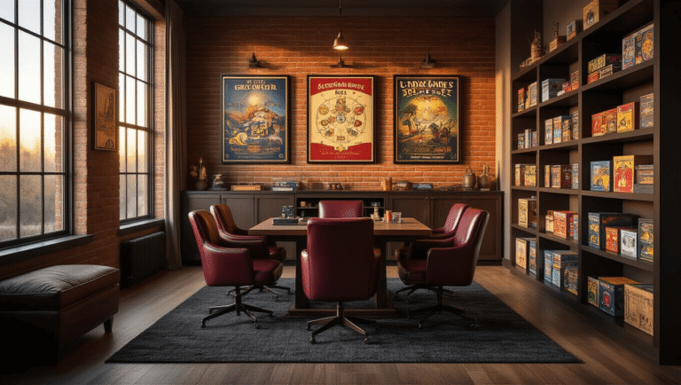Cinematic wide shot of a sophisticated modern gaming room featuring warm golden hour lighting, an exposed brick accent wall with framed educational board game posters, a dark walnut gaming table with burgundy leather chairs, and organized shelving displaying colorful game boxes, all set on a textured charcoal area rug.