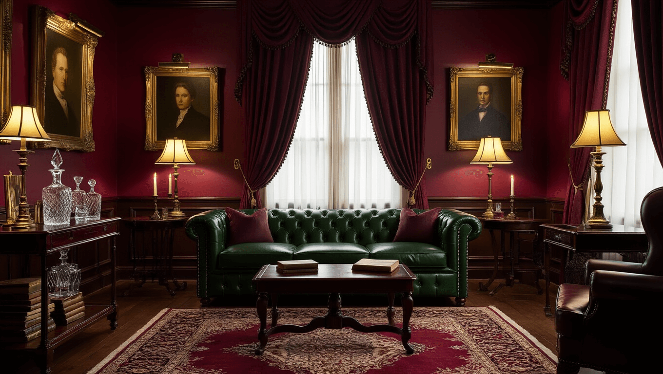 A sophisticated Victorian manor game room with burgundy walls, a green leather Chesterfield sofa, warm lighting from brass lamps, a Persian rug, vintage portraits, and antique decor, creating a moody, atmospheric ambiance.