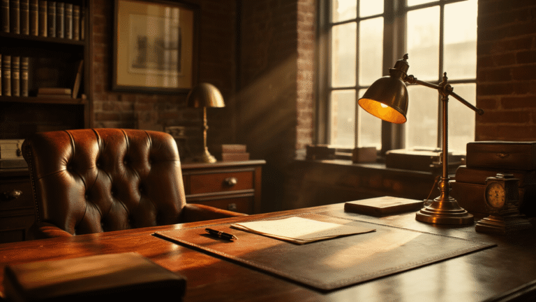 Cinematic interior of a vintage home office featuring a walnut desk with rich wood grain, warm afternoon light, aged brass accents, a patina leather chair, a vintage brass lamp, and handwritten papers, set against an exposed brick wall in a cozy, intellectual atmosphere.