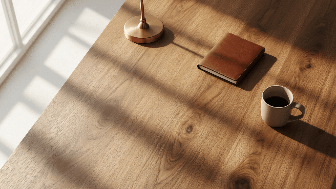 Ultra-realistic close-up of walnut wood desk showcasing rich grain patterns and warm tones, with a brass lamp, leather notebook, and ceramic mug, set against a clean white background, enhanced by soft morning light and bokeh effect.