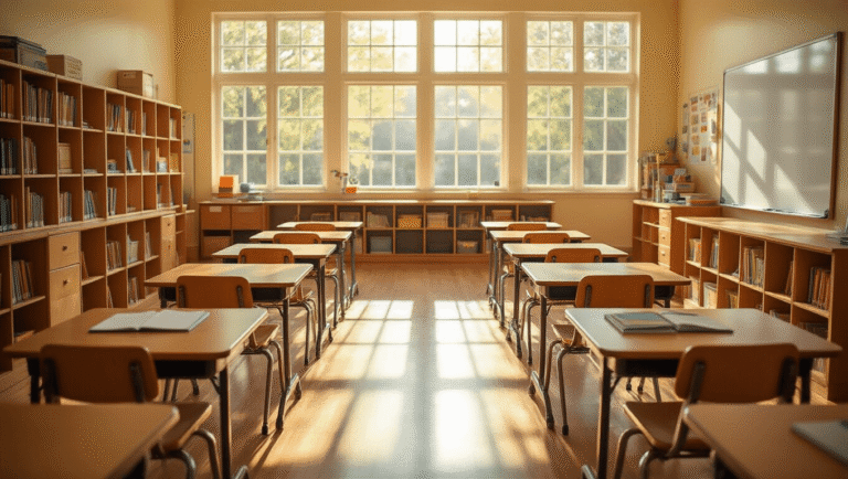 Cinematic wide-angle shot of a sunlit elementary classroom with honey-toned wooden desks in neat rows, soft natural light casting shadows, organized cubbies, clean whiteboard, and inviting atmosphere.