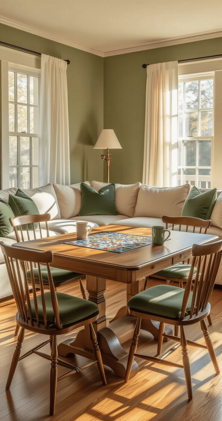 A cozy 14x16 foot living room bathed in golden hour light, featuring a solid oak convertible game table with a partially completed puzzle, surrounded by matching oak Windsor chairs with green cushions, a cream sectional sofa, and warm sage green walls.
