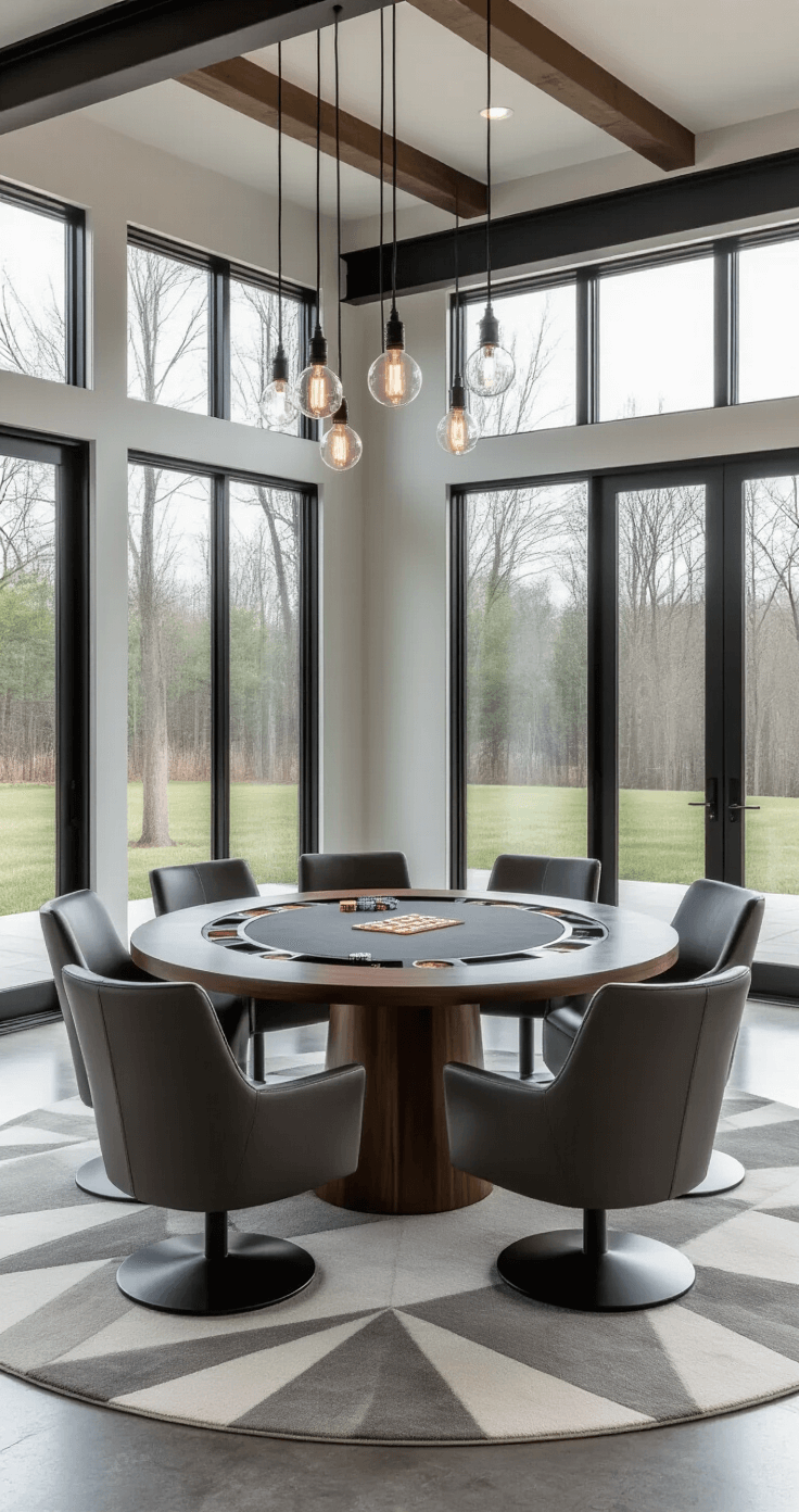 Photorealistic wide-angle view of a contemporary living room featuring a walnut game table surrounded by charcoal leather swivel chairs on a geometric gray and white area rug, with bright light filtering through sheer drapes and polished concrete floors, accented by industrial black steel beams and Edison bulb pendant lighting.