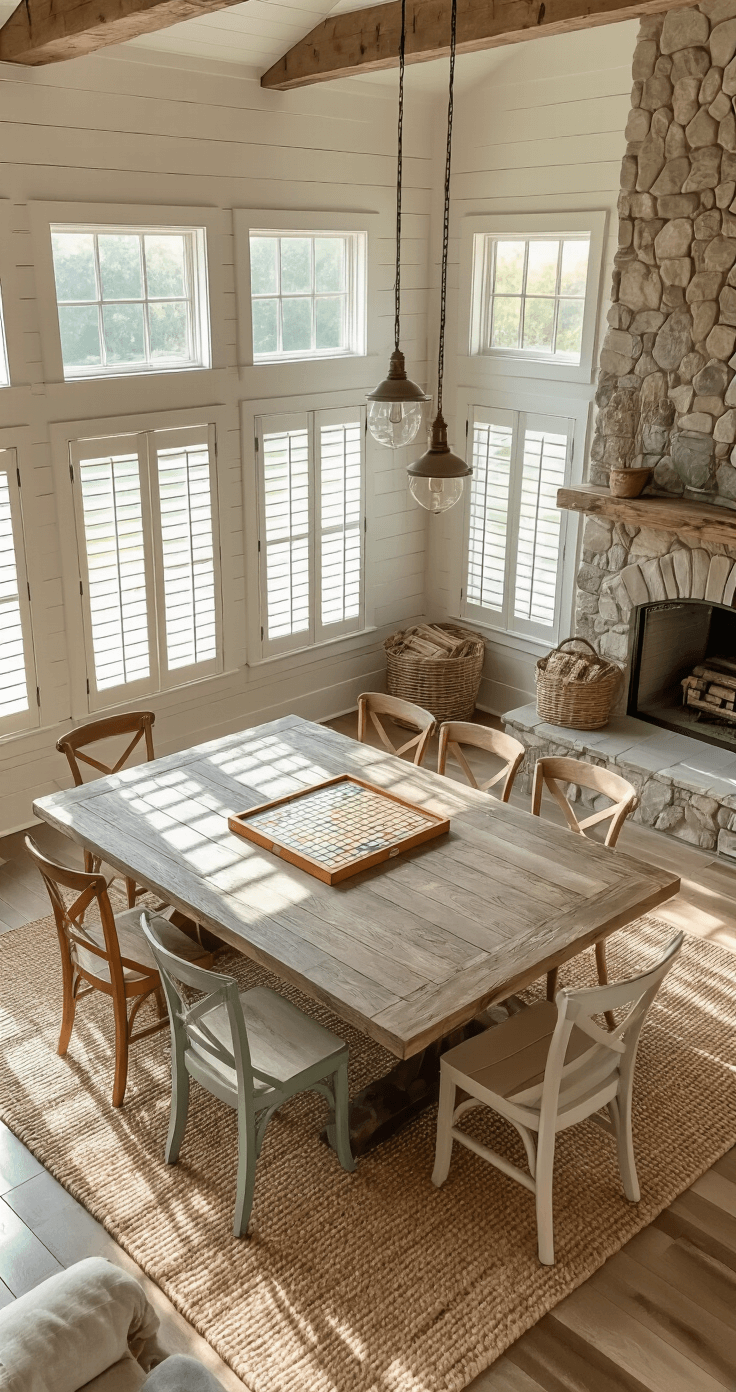 Photorealistic overhead view of a cozy farmhouse-style living room featuring a reclaimed barn wood multi-game table with a Scrabble game in progress, surrounded by mismatched pastel-painted chairs, a stone fireplace, and abundant natural light from windows with white shutters, accented by rustic decor elements.