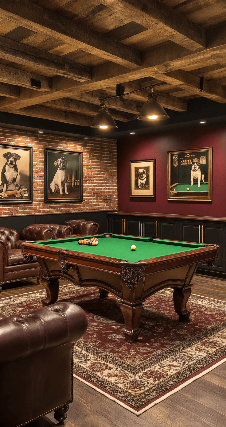 Photorealistic basement game room featuring exposed brick wall, reclaimed wood ceiling beams, mahogany pool table with emerald felt, vintage leather club chairs, and a gallery wall of classic billiard art, all illuminated by warm LED track lights.