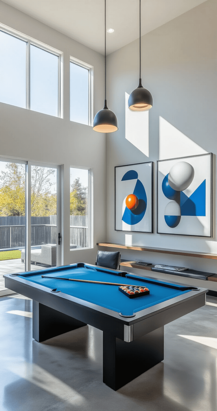 Photorealistic game room featuring floor-to-ceiling windows, polished concrete floors, and contemporary decor, with a slate-blue pool table centered under minimalist lighting and abstract geometric artwork on the walls.