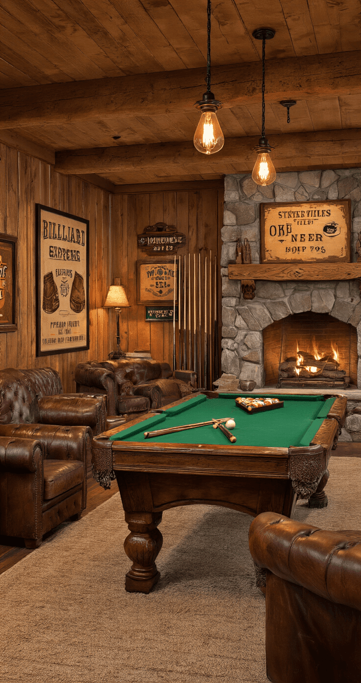 Photorealistic rustic game room with knotty pine paneling, stone fireplace, warm evening lighting, antique oak pool table, distressed leather furniture, vintage billiard prints, and earthy color palette, creating an intimate tavern atmosphere.