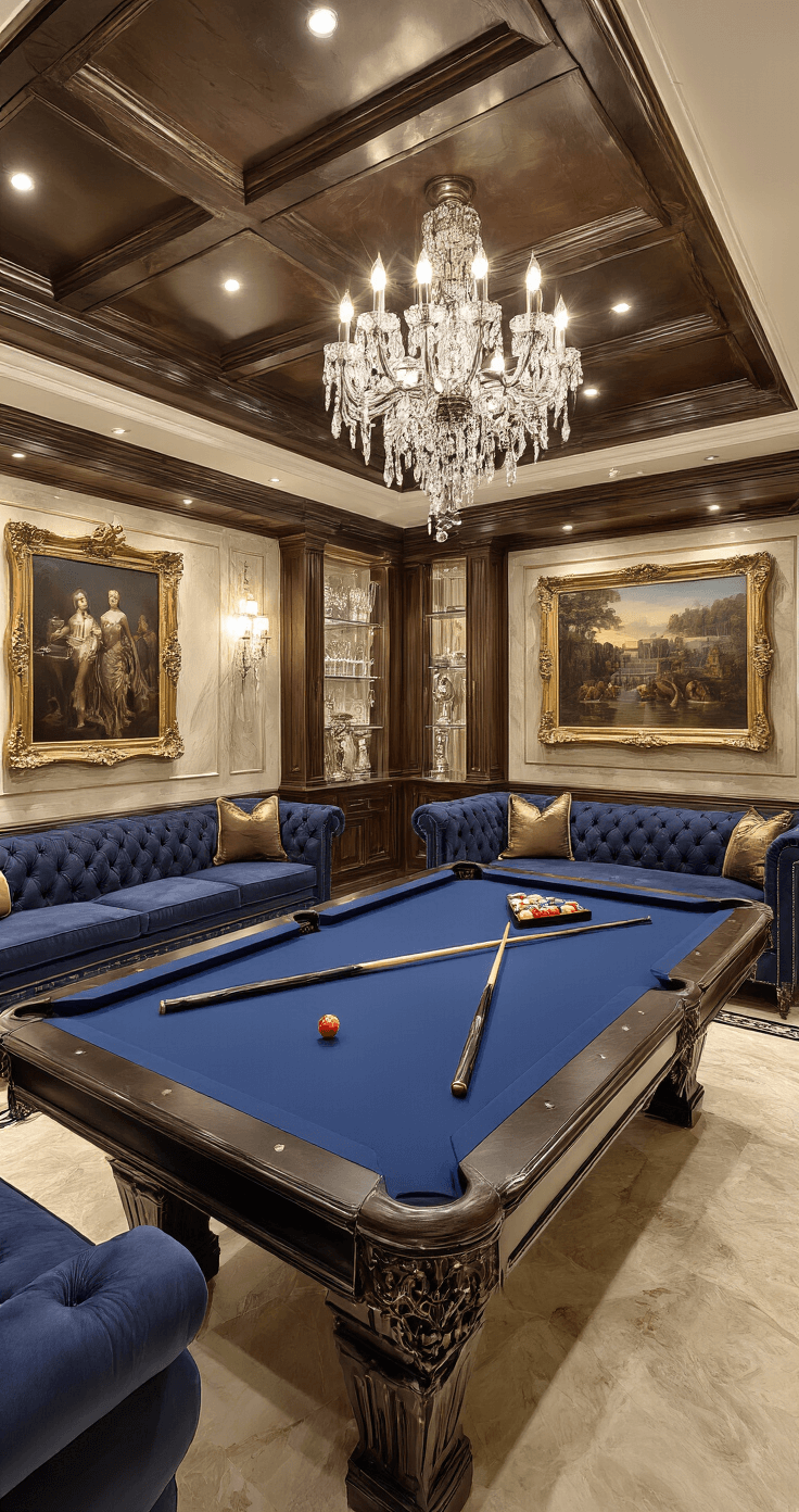 Photorealistic upscale entertainment room featuring a coffered ceiling, marble accent wall, and elegant evening lighting from a crystal chandelier. The room showcases a premium ebony pool table with royal blue felt, tufted velvet seating, and custom family name artwork. Rich materials like polished marble and hand-tooled leather create a regal ambiance with a navy blue, champagne gold, cream, and burgundy color scheme, complemented by ornate gold-framed oil paintings, a silver trophy collection, and luxurious Persian area rugs.