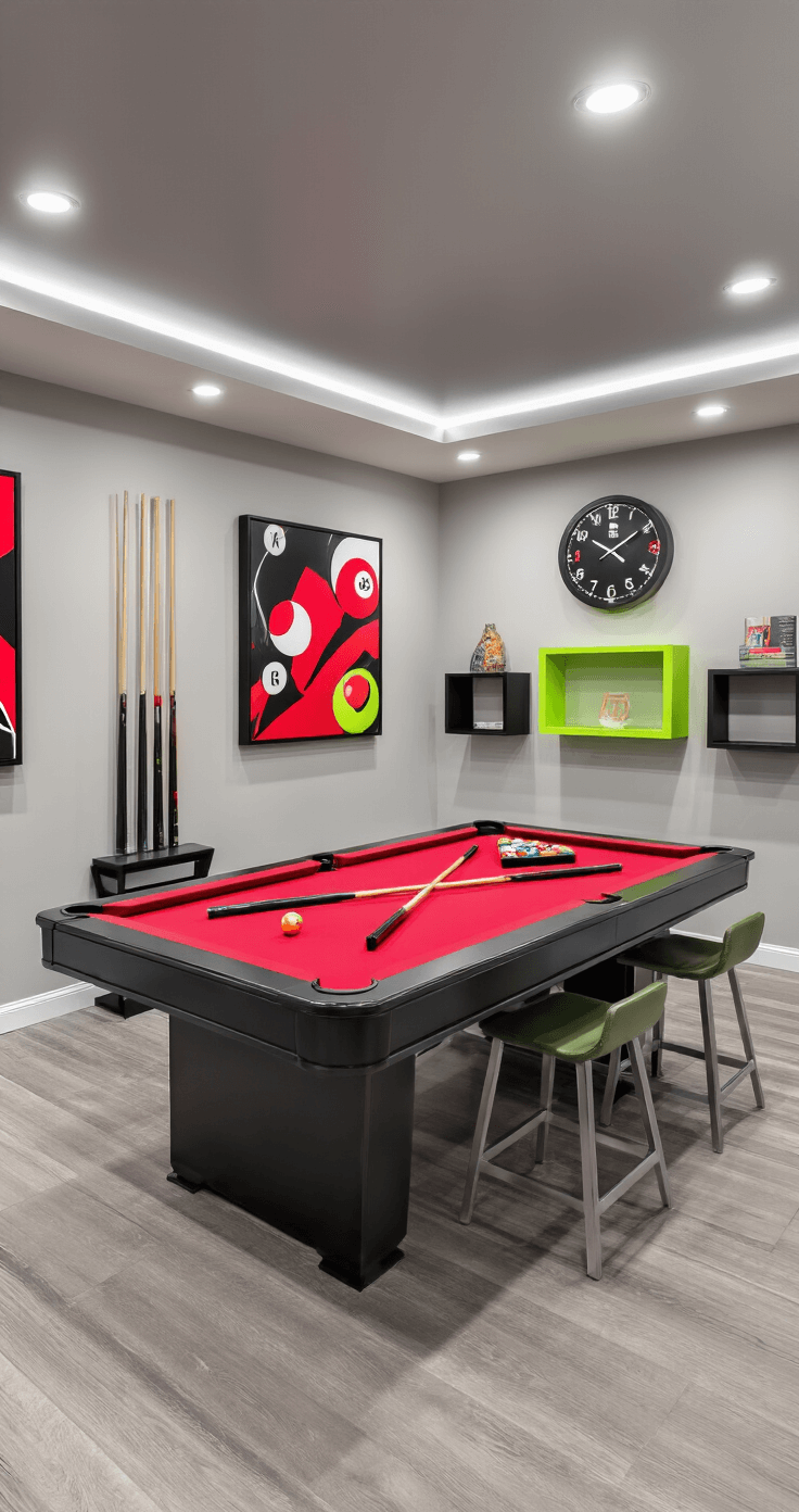 Photorealistic game room featuring a sleek black pool table with crimson felt, modern abstract art, vibrant neon accents, and contemporary bar stools in a dynamic, well-lit 15x12-foot basement space with LVP flooring and high-gloss finishes.