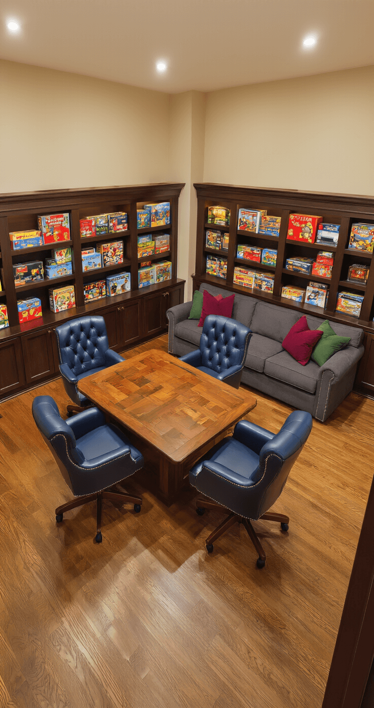 Photorealistic wide-angle view of a functional game room featuring warm oak hardwood floors, cream-colored walls, a central walnut gaming table surrounded by navy leather chairs, a charcoal sectional sofa, and built-in walnut cabinets filled with board games, all illuminated by late afternoon light and warm LED task lighting.