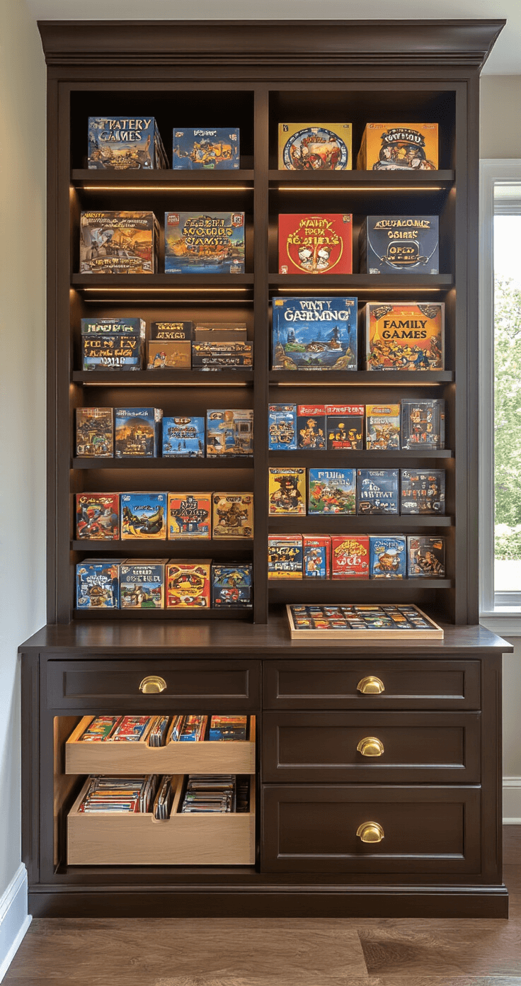 Photorealistic detail shot of a sophisticated board game storage wall featuring rich espresso cabinetry, organized game boxes by category, pull-out drawers, and illuminated shelves, creating a meticulously arranged display in natural light.