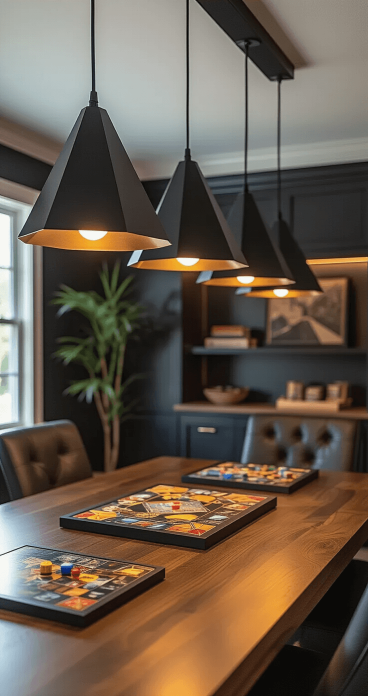 Photorealistic close-up of three matte black geometric pendant lights with warm brass interiors hanging over a walnut gaming table, creating warm pools of light on the table's surface. The lights, positioned 28-32 inches above, eliminate shadows on a partially visible intricate board game below. The dark ceiling contrasts dramatically with the scene, while soft ambient lighting enhances the background storage, emphasizing an intimate atmosphere for focused gameplay.