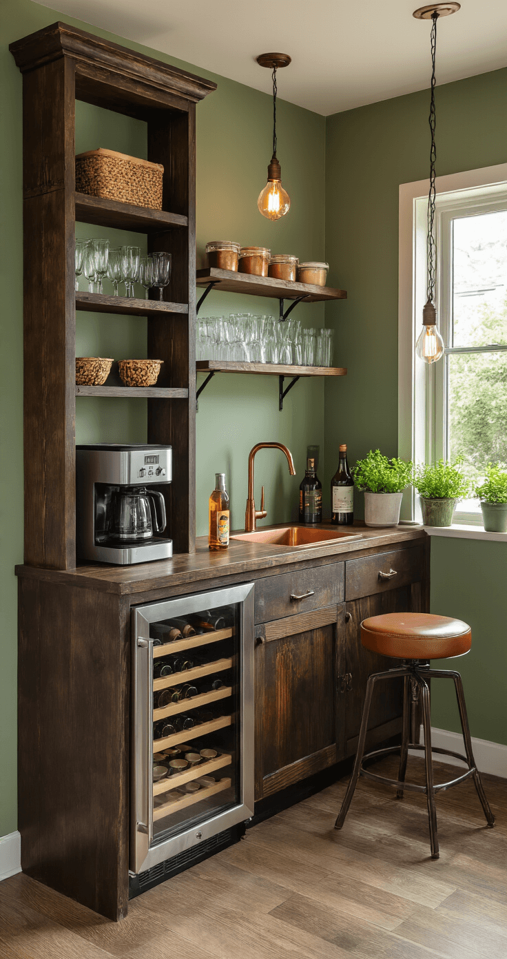 Photorealistic snack bar station with dark wood bookshelf, wine fridge, coffee maker, and glassware against sage green wall, featuring industrial-style bar stools, snack bowls on floating shelves, mini copper sink, and Edison bulb lighting, all highlighted by afternoon sunlight and fresh greenery.