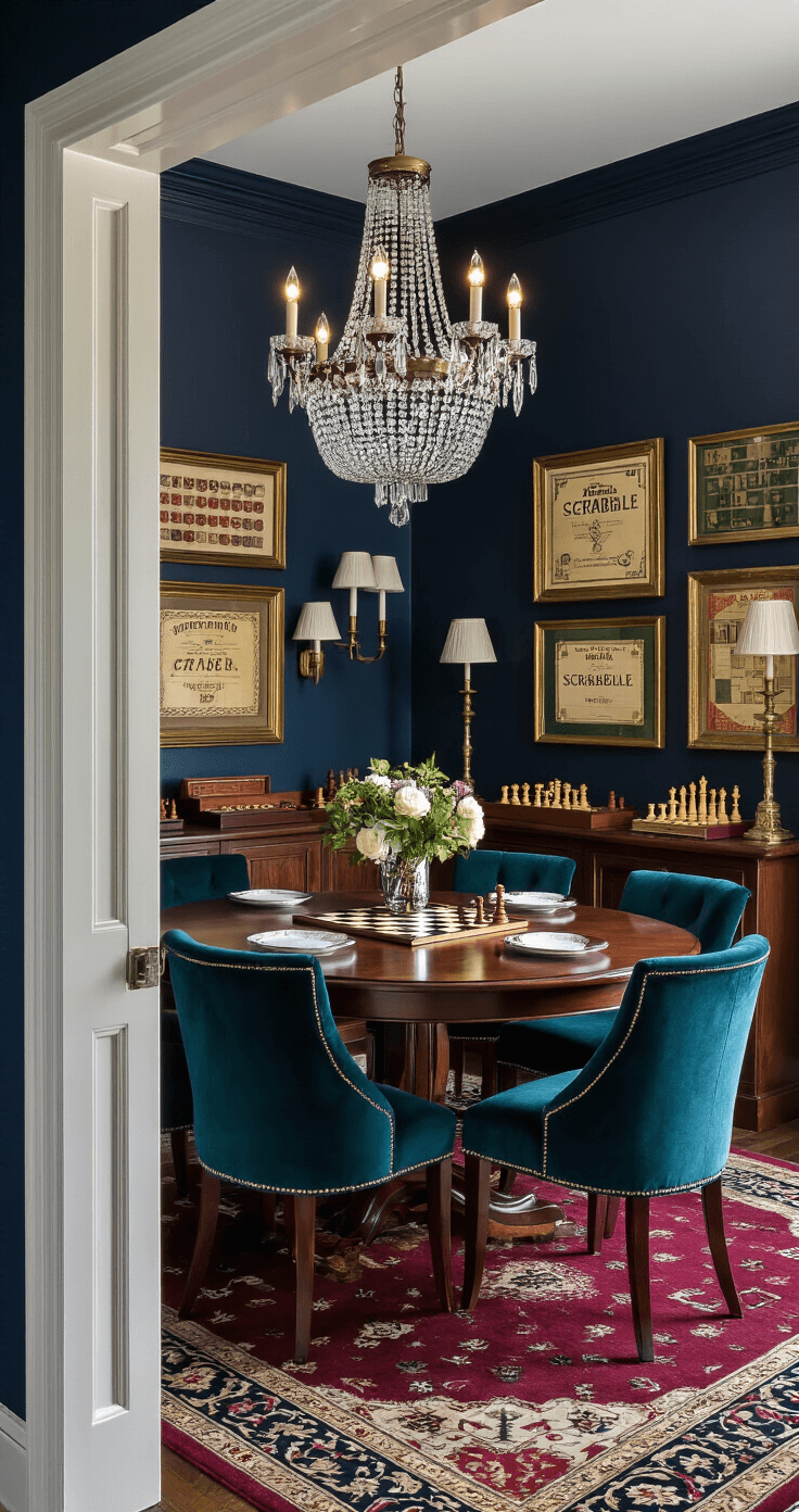 Photorealistic image of a dual-purpose dining room and game space featuring an expandable mahogany dining table with deep teal upholstered chairs, illuminated by a crystal chandelier. A vintage chess set and antique game boards are displayed in a built-in hutch, while a burgundy and gold area rug defines the gaming zone. Rich navy walls enhance brass-framed vintage game boards, capturing an elegant evening scene with layered lighting and fresh flowers as a centerpiece.