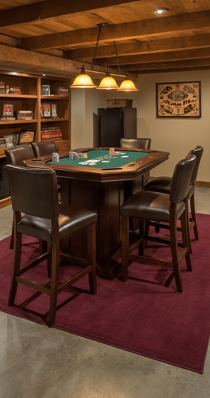 Photorealistic cozy basement game room featuring a Spring Haven Dark Pub Game Table Set, surrounded by brown leather pub-height chairs on a burgundy rug, with warm lighting, exposed wooden beams, and vintage poker art in the background.