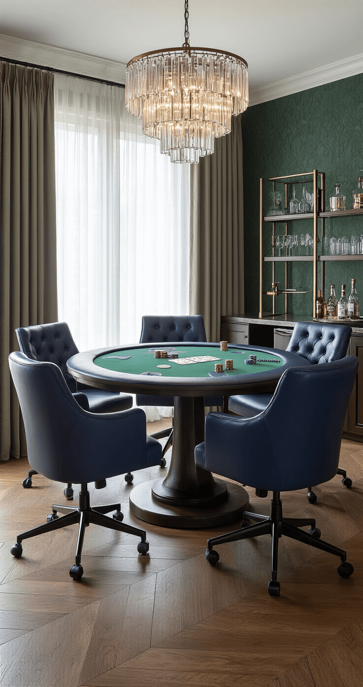 A photorealistic elegant living room corner transformed into a gaming space featuring a Rylie Game Table Set, four navy blue ergonomic gaming chairs, a poker setup, a built-in bar cart, deep green textured wallpaper, and herringbone hardwood floors, illuminated by natural light and a chandelier.