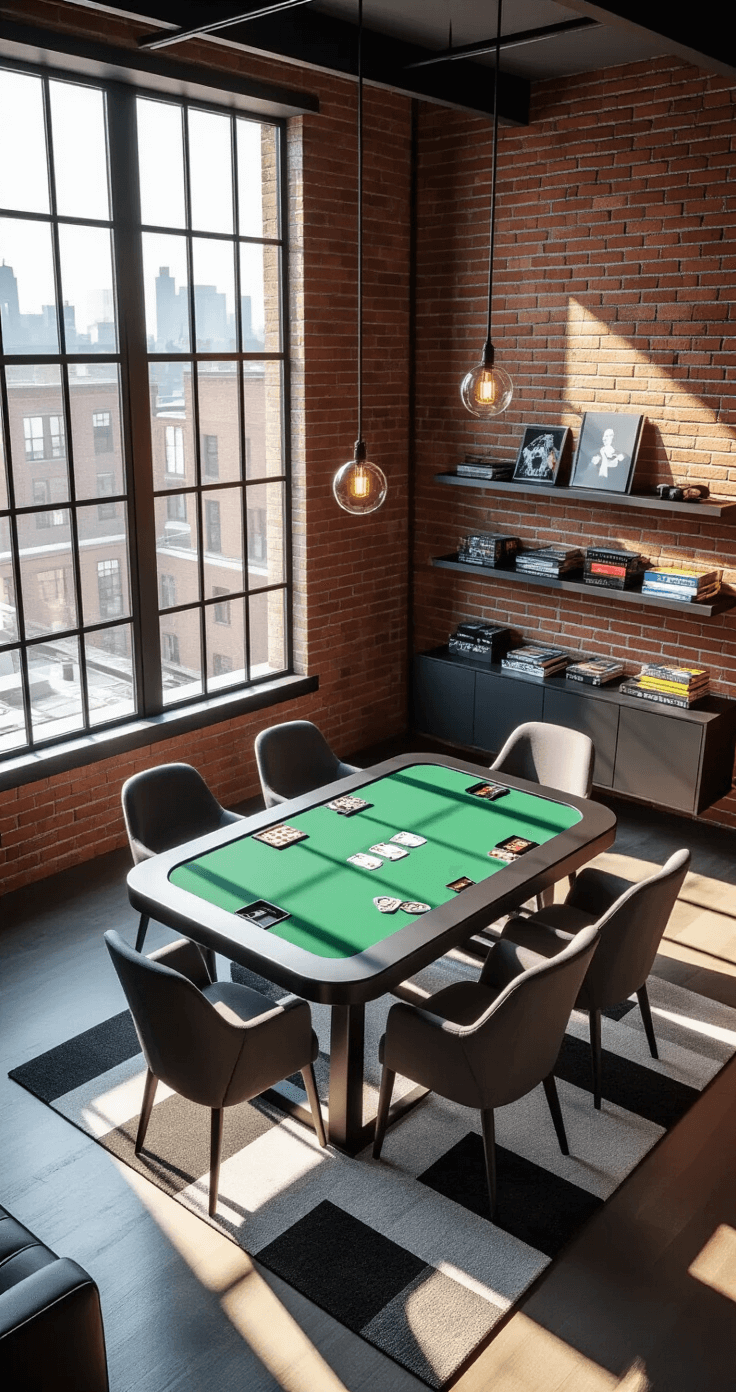 Photorealistic modern apartment game room featuring a convertible poker-dining table, industrial exposed brick walls, large steel-framed windows, and contemporary charcoal gray chairs, illuminated by late afternoon sunlight casting geometric shadows.