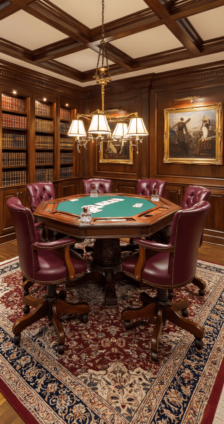 Photorealistic image of a traditional den featuring a Brunswick Centennial Game Table Set, coffered ceilings, built-in mahogany bookcases, warm lighting, and luxurious decor, showcasing a card game in an intimate gentleman's club atmosphere.