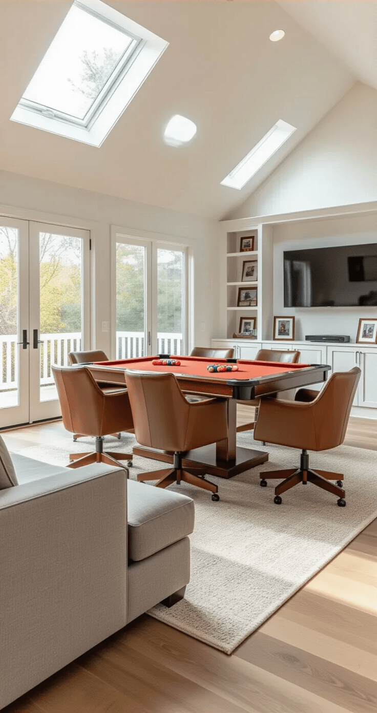 Photorealistic family room featuring a 3-in-1 game table with cherry wood finish, surrounded by brown leather swivel chairs on a beige area rug, light oak hardwood floors, vaulted ceilings with skylights, white walls, built-in entertainment center, casual family photos, and a soft gray sectional sofa.