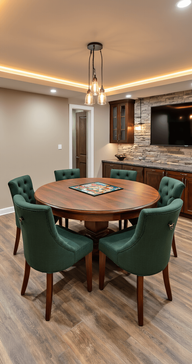 Photorealistic basement entertainment space featuring a mid-range Melina Game Table Set, surrounded by deep forest green upholstered chairs, highlighted by warm LED strip lighting and multiple light sources, with a stone accent wall and built-in bar.