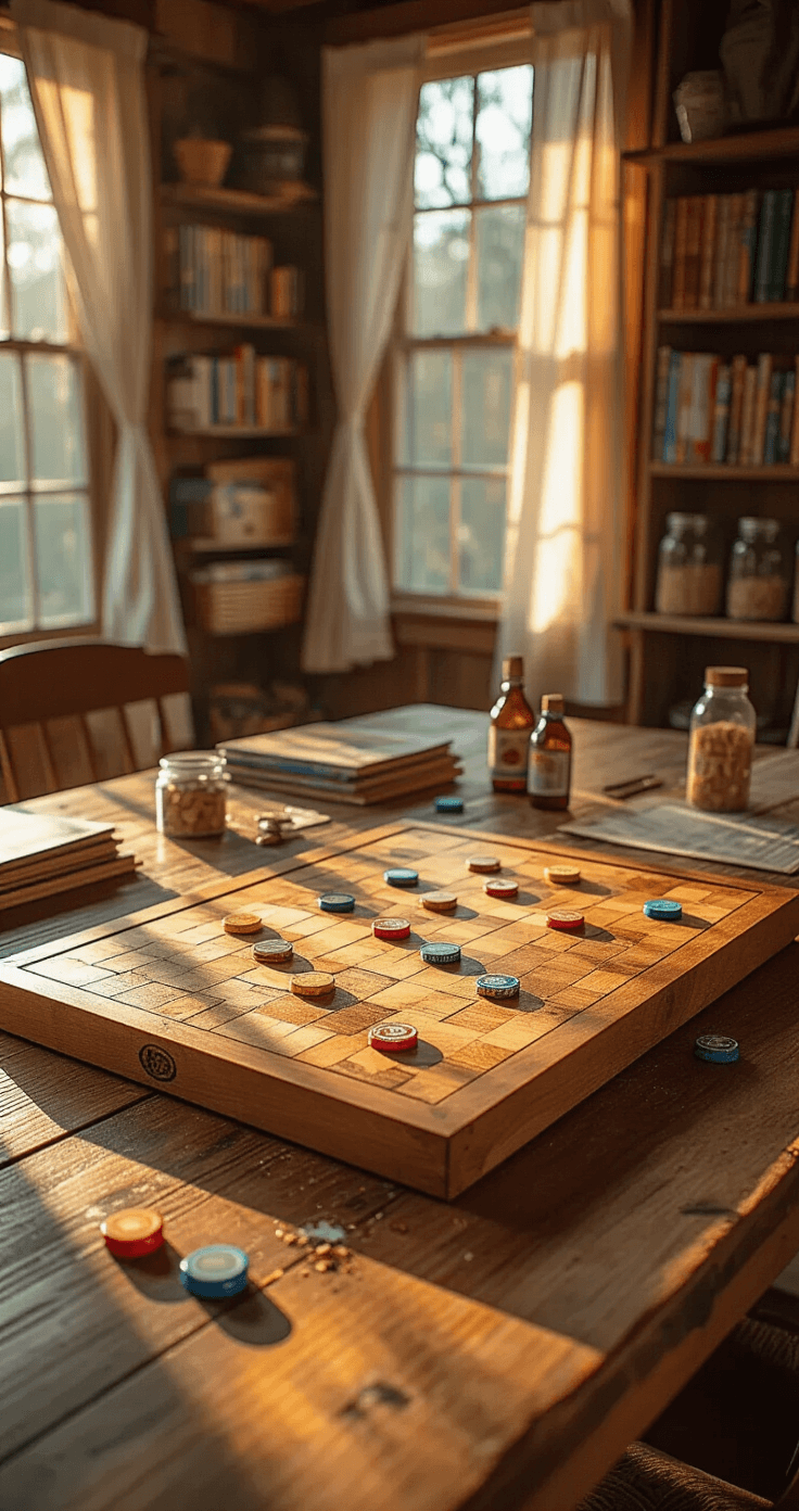 A cozy family game room during golden hour, featuring a handcrafted wooden game board on a rustic oak dining table, surrounded by colorful bottle cap game pieces and fine wood shavings, with built-in shelves of board games and craft supplies in the background.