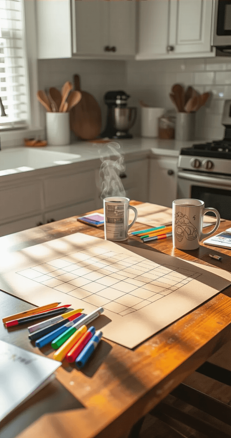 A well-lit kitchen table converted into a DIY workspace, featuring a cardboard game board project with hand-drawn grid lines, scattered colored markers, rulers, and contact paper. A steaming coffee mug and crumpled sketches accompany a smartphone with design inspiration, while soft LED lighting and natural light from a window enhance the scene, with blurred kitchen elements in the background.
