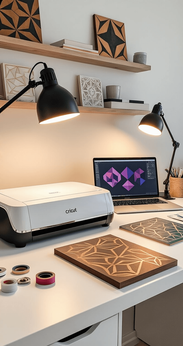 A modern home office illuminated by warm desk lamps, featuring a sleek Cricut machine and a laptop displaying geometric game designs. Neat stacks of jewel-toned vinyl sheets and weeding tools accompany a partially completed wooden board with gold stenciled patterns. Floating shelves display completed game boards as artwork, while multiple task lights provide focused warm illumination.