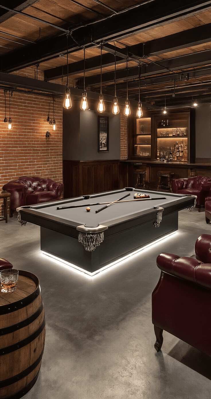 Photorealistic interior of a sophisticated basement game room featuring a two-tone charcoal gray and white pool table, exposed brick walls, polished concrete floors, warm Edison bulb pendant lights, burgundy leather chairs with whiskey barrel side tables, dark wood paneling, exposed steel beams, and a classic bar cart, all designed to evoke a masculine upscale billiards hall atmosphere.
