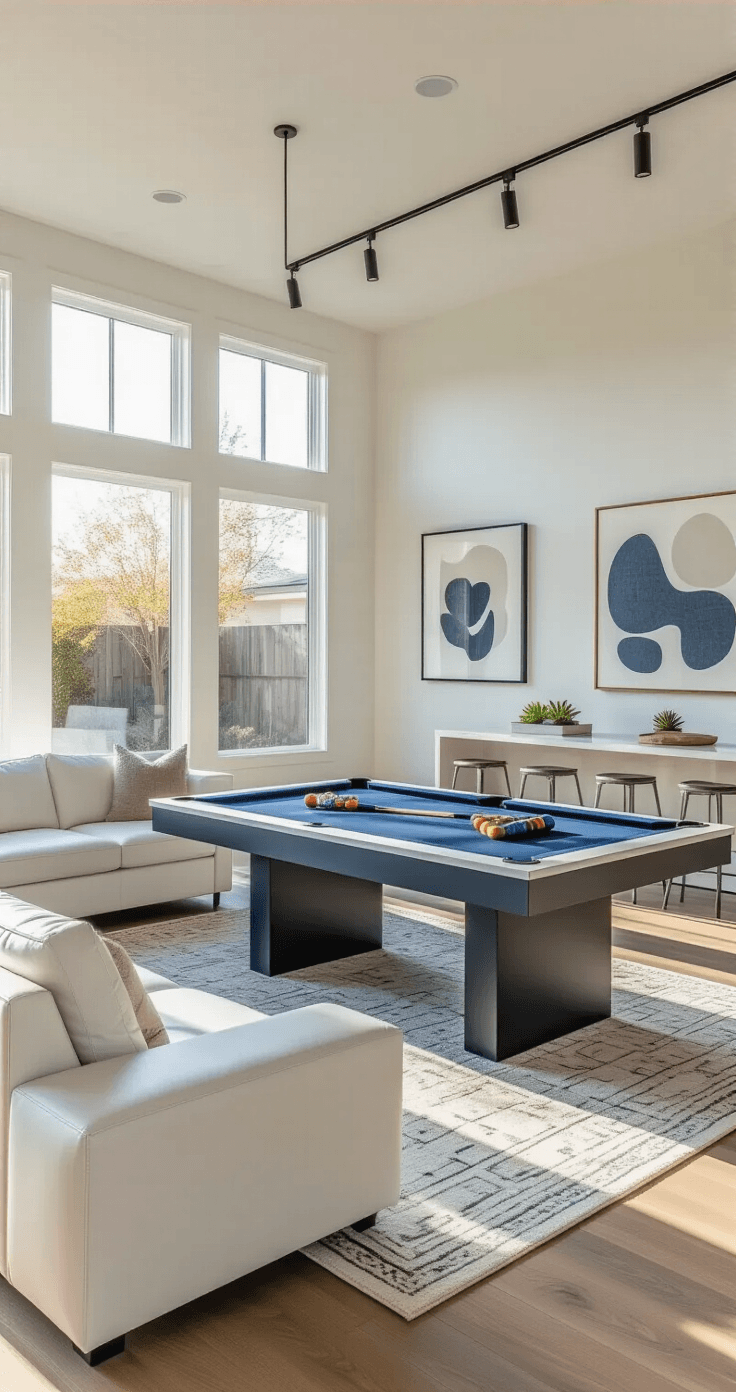 Photorealistic modern living room featuring a navy blue pool table with white rails, sleek white leather sectional, geometric area rug, and abundant natural light from floor-to-ceiling windows, all in a neutral palette with chrome fixtures and abstract artwork.