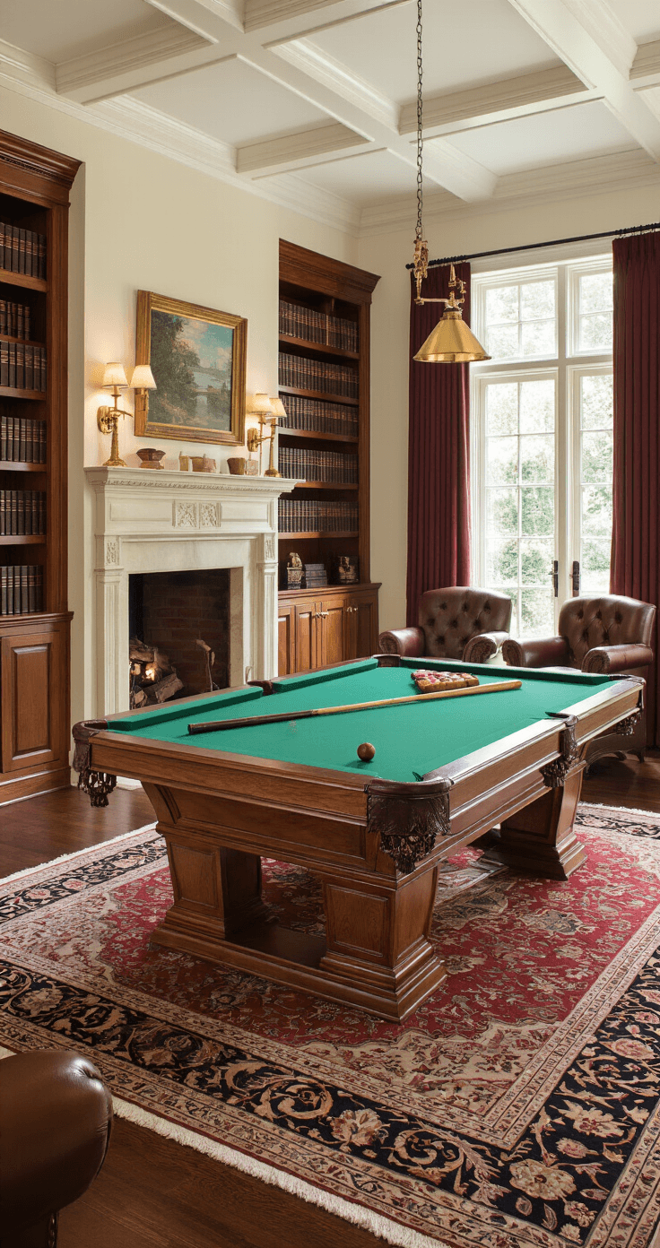 Photorealistic interior of a traditional den featuring a refinished green pool table, coffered white ceilings, mahogany bookcases, a stone fireplace, cognac leather armchairs, and rich Persian rug, complemented by brass lamps and burgundy drapes, evoking a scholarly atmosphere.
