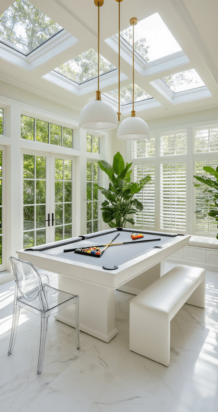 Photorealistic sunroom conversion featuring a cheerfully painted pool table, bright marble floors, contemporary white furniture, lush garden views, and abundant natural light from skylights and floor-to-ceiling windows.