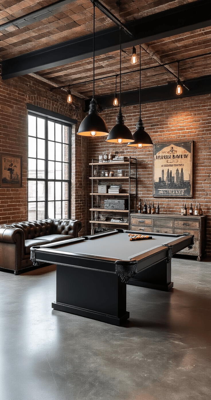 Photorealistic industrial loft interior featuring a sleek matte black pool table with brushed steel rails, surrounded by exposed brick walls, Edison bulb lighting, and a distressed leather Chesterfield sofa, all set in a monochromatic palette with edgy metropolitan vibes.