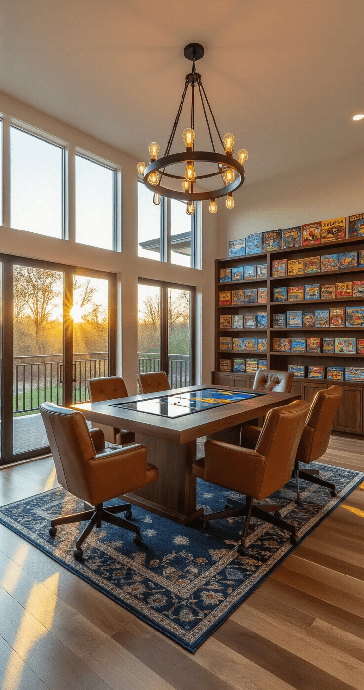 A modern living room featuring floor-to-ceiling windows, golden hour sunlight on hardwood floors, a custom walnut gaming table with ergonomic cognac leather chairs, a pendant light with Edison bulbs, and built-in shelves displaying a colorful board game collection, all set on a deep navy area rug.