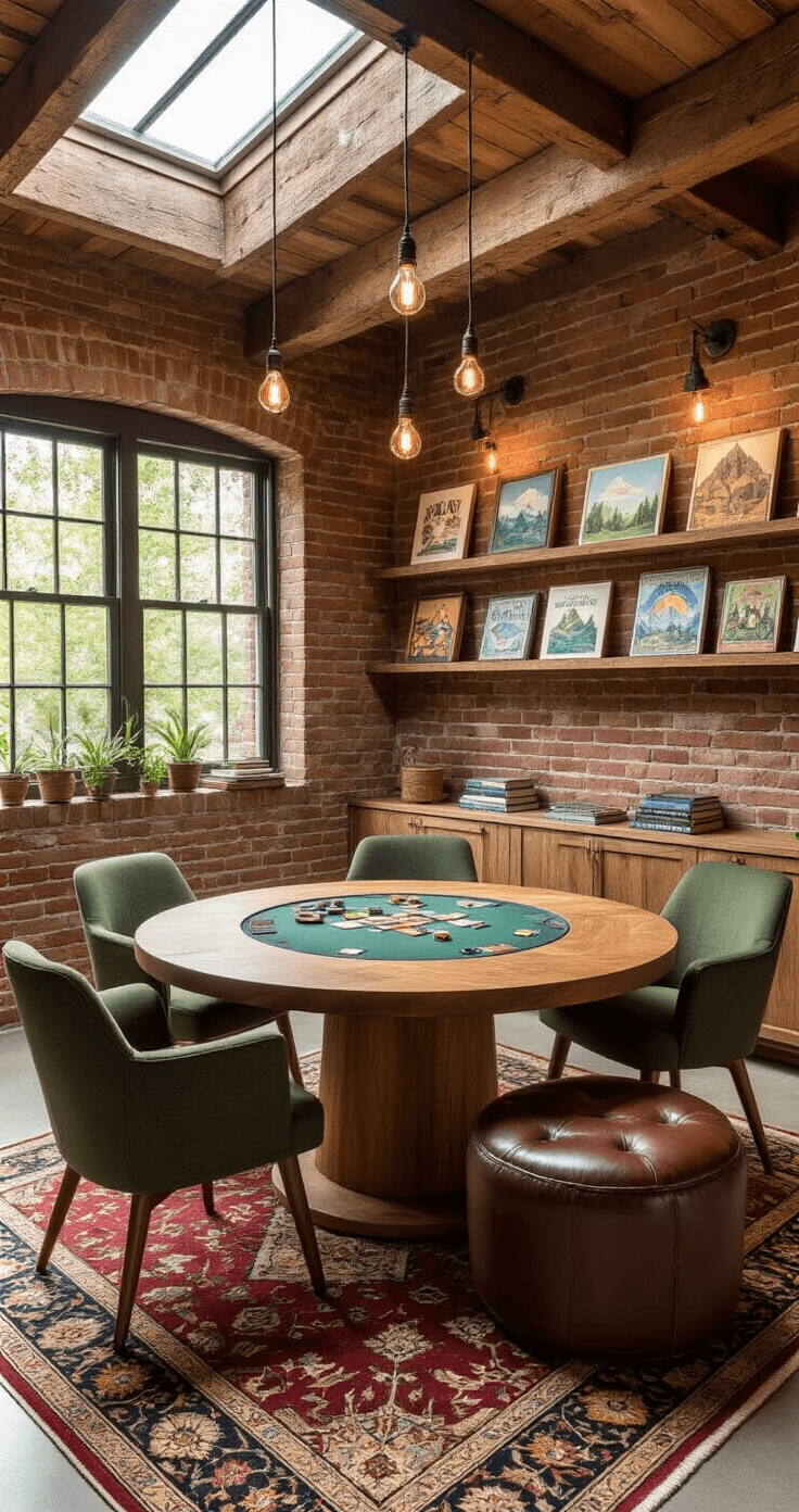 Cozy gaming den with exposed brick walls, reclaimed wood beam ceiling, and afternoon light streaming from skylights, featuring a live-edge oak table, mid-century modern chairs, curated board games, Edison bulb lights, vintage leather ottoman, and a warm Persian-style rug on polished concrete floors.