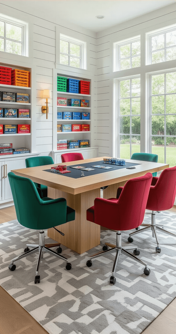 A bright contemporary game room with white shiplap walls, large picture windows, a custom bamboo gaming table with chrome accents, vibrant jewel-tone swivel chairs, a modular shelving system displaying games, and adjustable brass sconces, all grounded by a geometric gray rug.