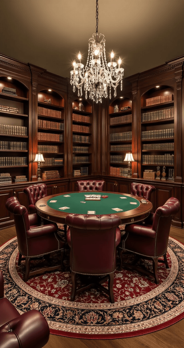 An elegant library-style game room with dark mahogany paneling, built-in bookcases, an oval green felt gaming table, oxblood leather Chesterfield chairs, antique Persian rug, glass-fronted cabinets displaying premium games, crystal chandelier, and warm ambient lighting.