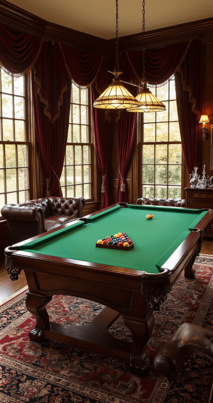 A luxurious game room featuring a mahogany pool table at golden hour, illuminated by warm natural light, with velvet drapes, polished chrome details, and plush leather seating, creating a sophisticated ambiance.