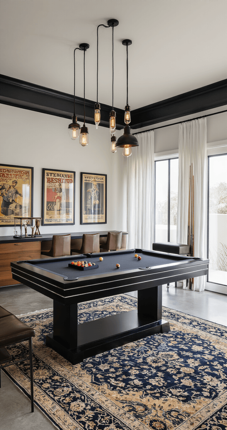 An elegant contemporary game room with a black lacquer pool table set with vibrant 8-balls, floor-to-ceiling windows, polished concrete floors with Persian rugs, leather bar stools, and modern pendant lights, all bathed in soft afternoon light.